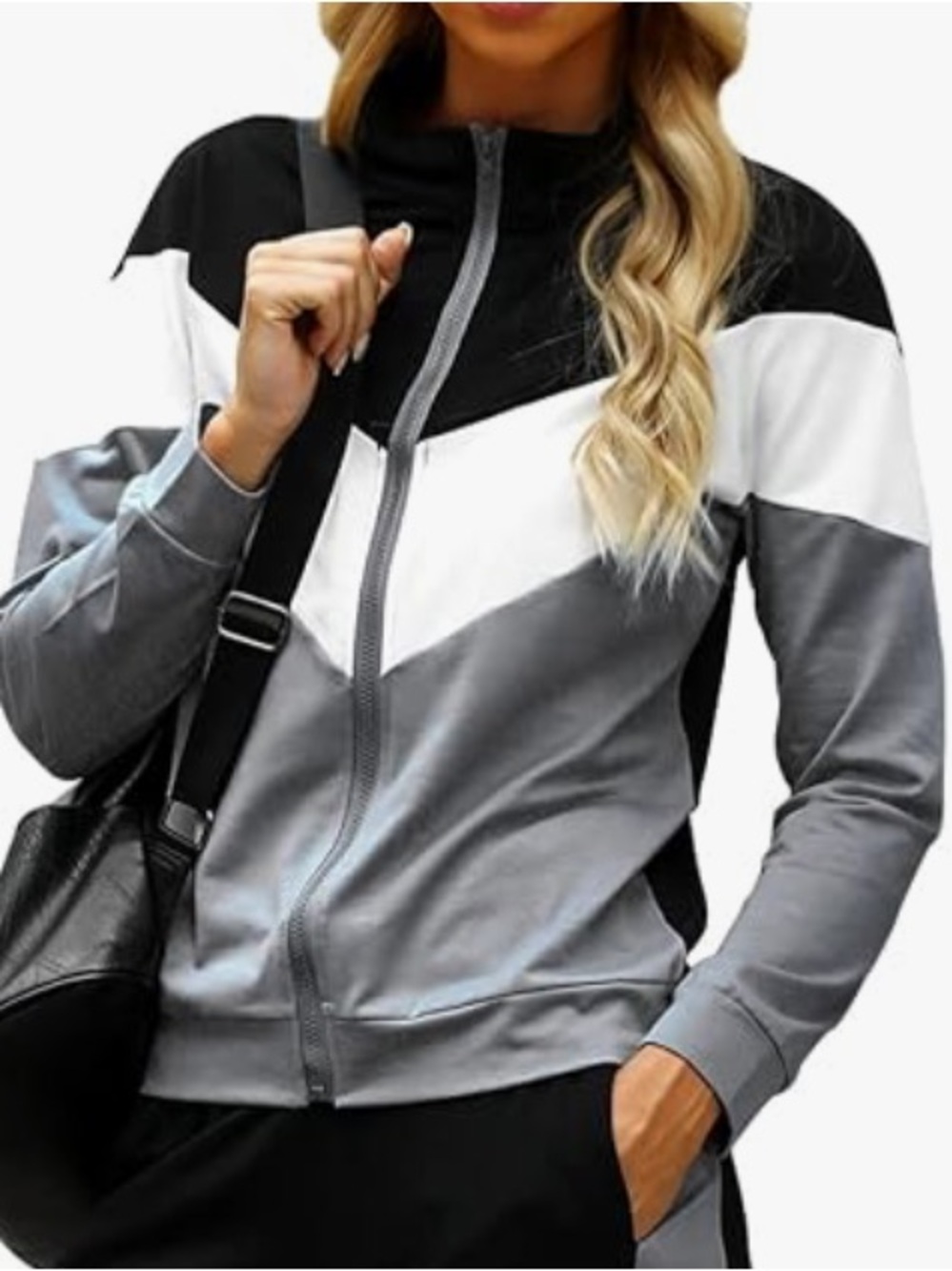 Women's Color block Zip-Up Jacket Black, White & Gray Combo XL